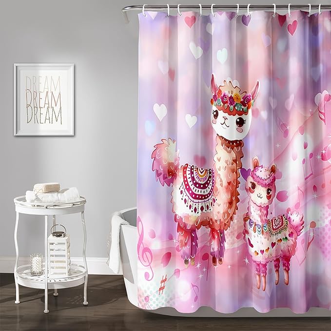 AILONEN Kawaii Llama Shower Curtain for Kids Girls,Watercolor Llama Alpaca Theme Bath Curtain,Boho Llama Hearts Print Pink Shower Curtain Waterproof for Bathroom with 12 Plastic Hooks, 36" W*72" H