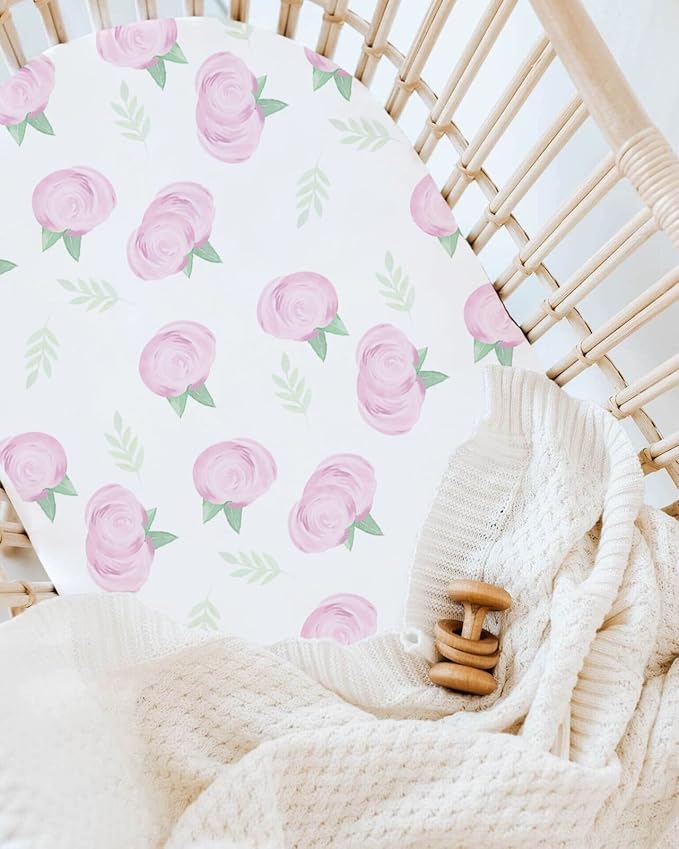 TotAha Premium Stretchy Bassinet Cradle Sheets (2-Pack) -Hypoallergenic, Silky Comfort, Buttery Soft, Calming Effect, All-Season Jersey-Knit Sheets,32 X 16 X 3''(Pink Buds & Green Leaves)