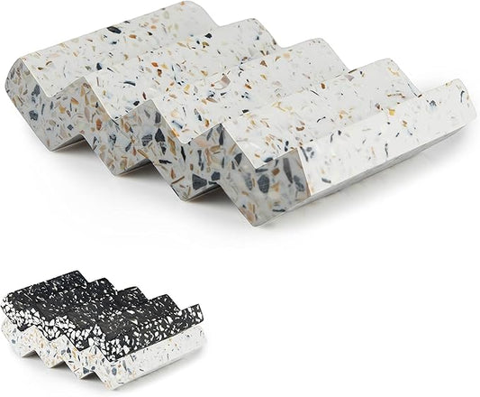 Zig Zag Jesmonite Terrazzo Stone Soap Dish for Bathroom Sink - Concrete Soap Saver for Bar Soap Holder for Shower - Sponge Holder - Self Draining Soap Dish Holder - Kitchen Soap Tray (White)