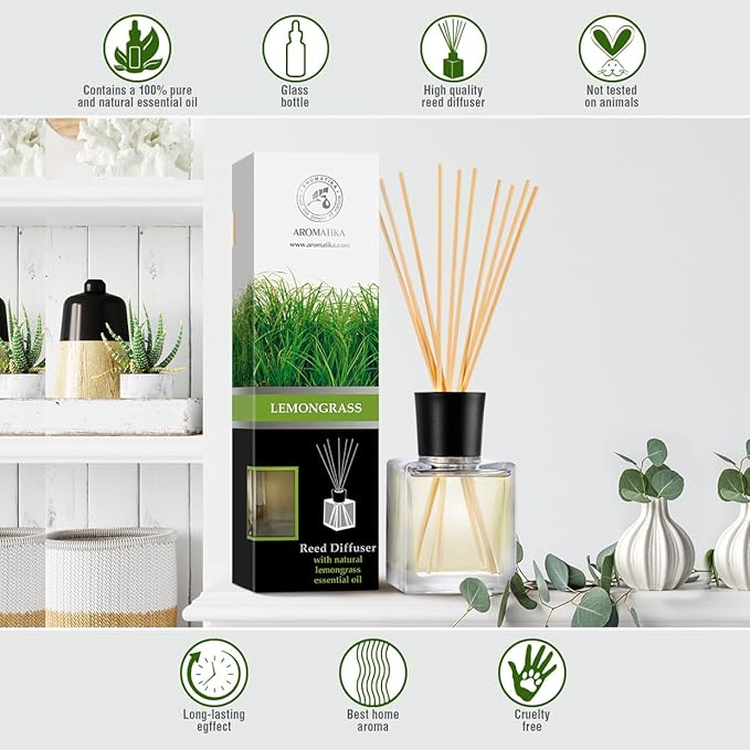 Room Fragrance Diffuser Lemongrass 6.8 Fl Oz - 200ml - with Bamboo Sticks - with Pure & Natural Lemongrass Essential Oil - Intensive Room Scent - Diffuser Gift Set