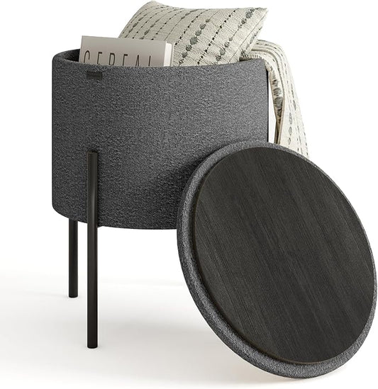 StorageBud Round Ottoman with Storage, Boucle Storage Ottoman, Foot Stool Ottoman, Makeup Vanity Stool, Small Ottoman Foot Rest, Modern Ottomans for Living Room and Bedroom, Grey