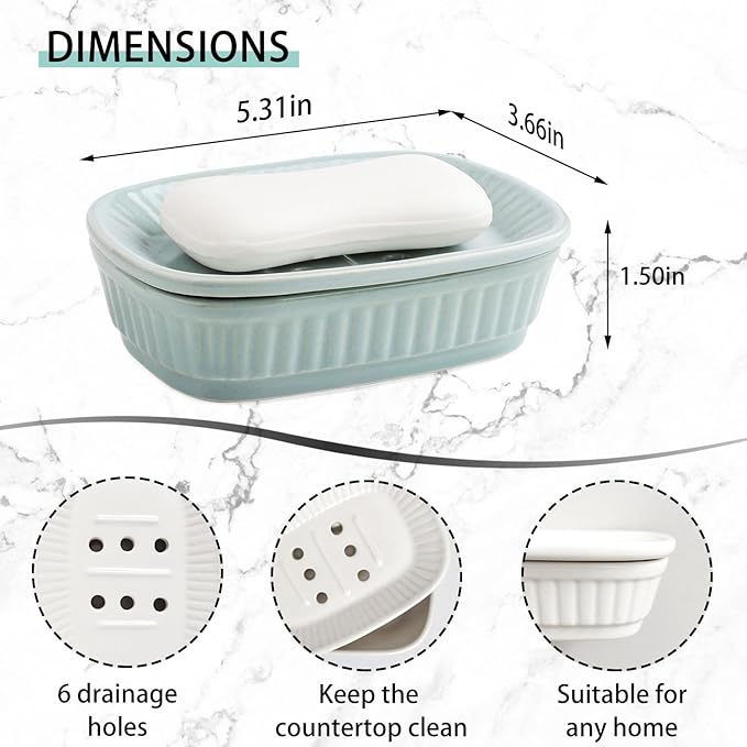 VanEnjoy Green Ceramic Soap Holder, Self Draining Soap Dish for Kitchen Sink, Decorative Bathroom Holder