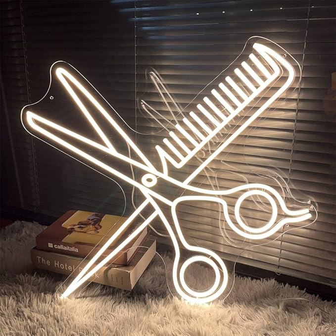 Scissors Neon Sign for Business-Adjustable Brightness Neon Lights Sign for Party Bar Salon Stores Shop Hotel Wall Decor With Hanging Chain for Store Windows-27.5 IN