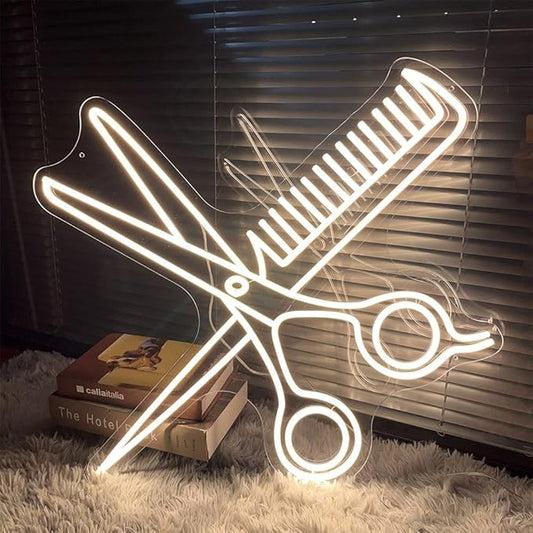 Scissors Neon Sign for Business-Adjustable Brightness Neon Lights Sign for Party Bar Salon Stores Shop Hotel Wall Decor With Hanging Chain for Store Windows-25 IN