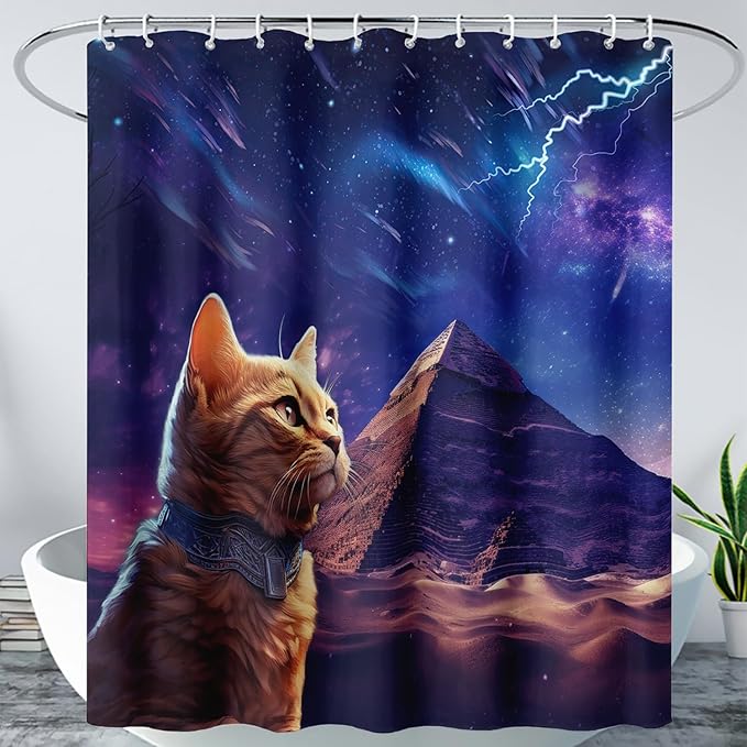 AILONEN Cat Shower Curtain,Blue Galaxy Lightning Pyramid Pet Cat Bath Curtain Gifts for Cat Lover,Polyester Waterproof for Bathroom,36" W*72" H with Plastic Hooks