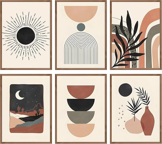 RETRART Boho Wall Decor for Bedroom, Art Home Palm Leaf Sun Moon Line Gallery Abstract Art, Minimalist | Unframed 8 inx10 inx6 PCS