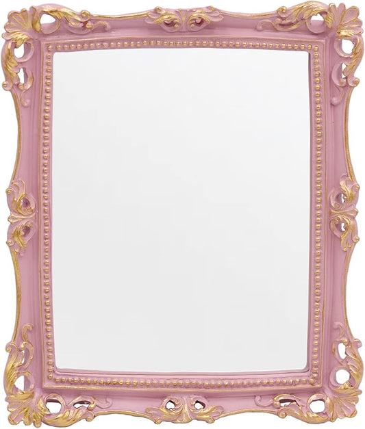 Funerom Vintage 11 x 9.5 inch Decorative Mirror, Wall Mounted & Tabletop Makeup Mirror ，Rectangle Mirror (Pink)
