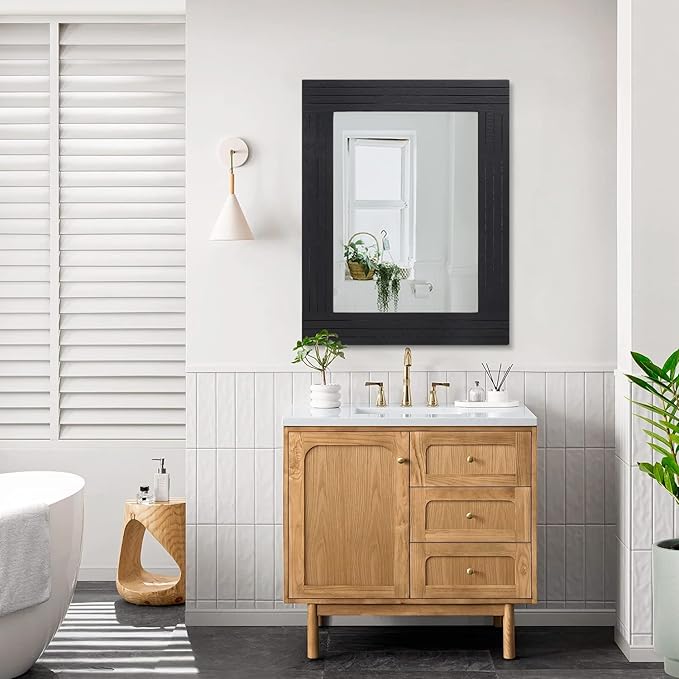 Black Wall Mirror Rectangular Vintage Rustic Wood Framed Large Mirror Deco Farmhouse Living Room Bathroom Bedroom Entrance Mirror 26" x 18"