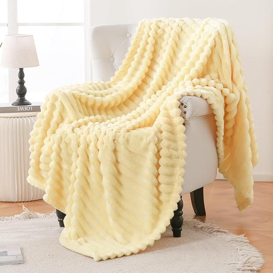 Bnuitland Super Soft Flannel Throw Blanket, 3D Striped Jacquard Fluffy Blanket for Bed,Sofa,Couch,Home Decor, 300GSM Fleece Lightweight Cozy Throw for Adults and Kids, 50X70 inches Light Yellow