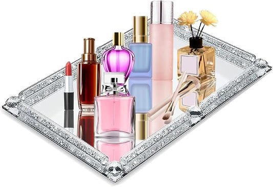 Mirrored Vanity Tray, Crushed Diamond Filled Crystal Glass Cosmetic Makeup Tray, Sparkle Perfume Jewelry Trinket Countertop Decorative Tray, for Home Party Hotel Dresser Bathroom Bedroom, Silver