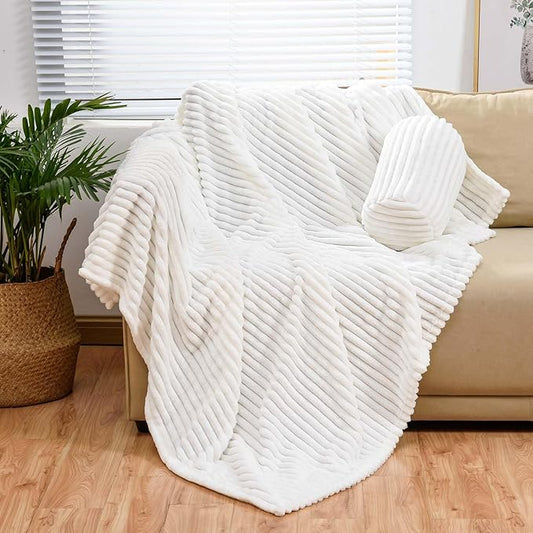 Bnuitland White Flannel Throw (60X80 inches) with Storage Pouch,300GSM Super Soft Fleece Stripe Pattern Sofa Blanket for Adults, Lightweight Cozy Bed Throw for Home Decor All Season
