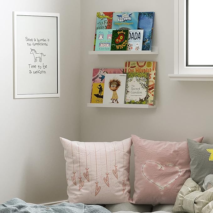 Wallniture Denver 17" White Floating Bookshelf and Picture Ledge for Kids Room Decor and Nursery Shelves for Wall, Set of 2
