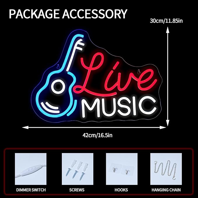 Live Music Neon Sign for Wall Decor - Dimmable LED Light for Studio, Guitar, Bar, Concert, Party, Man Cave - Room Decoration Gift
