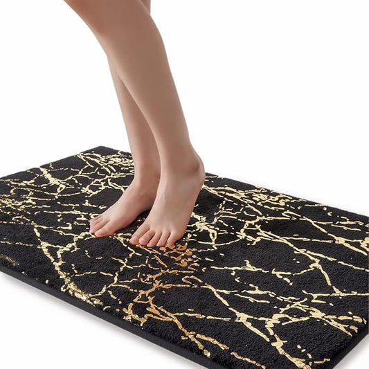 QJHOMO Marble Bathroom Runner Rug Gold Decor Long Bathroom Rugs Black Bath Mat Non Slip Super Absorbent Bathmat Machine Washable Floor Carpet for Tub, Shower, Bedroom (24x48 inch)