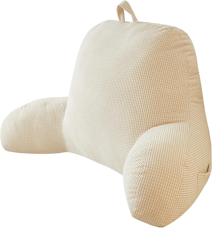 Back Pillow for Bed Sitting Up,Reading Pillow for Sitting in Bed Adult with Arm Pillow,Back Rest Pillow for Sitting in Bed with Pockets,While Gaming,Working,Watching,Standard-Ivory