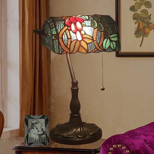 Tiffany Style Bankers Table Lamp Stained Glass Piano Desk Lamp Vintage Bedroom Bedside Lamp for Study,Antique Alloy Base,Zipper Switch,Grape