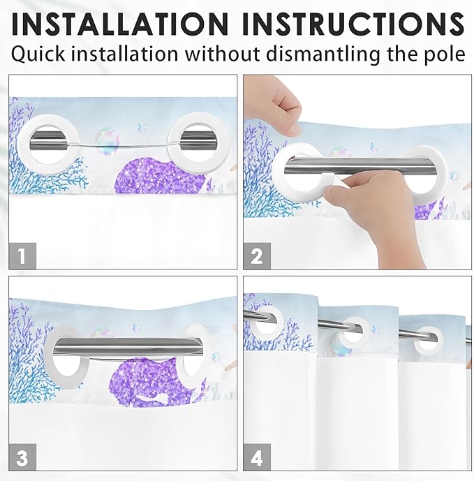 Mermaid Glitter No Hook Shower Curtain with Snap in Liner, Coral Starfish Seashell Underwater Bath Curtain with Double Layers Waterproof Fabric and Mesh Top Window 71x74 Inch