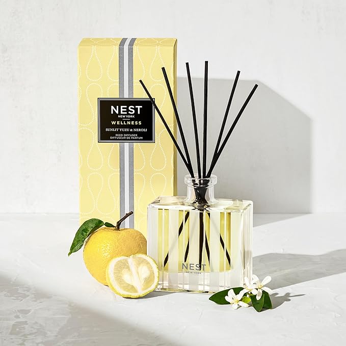 NEST New York Reed Diffuser, Sunlit Yuzu & Neroli - 5.9 fl oz - Fragrance for Up to 90 Days - Reusable, Refillable Glass Holder - Includes 8 All-Natural Reed Sticks - Flame Free