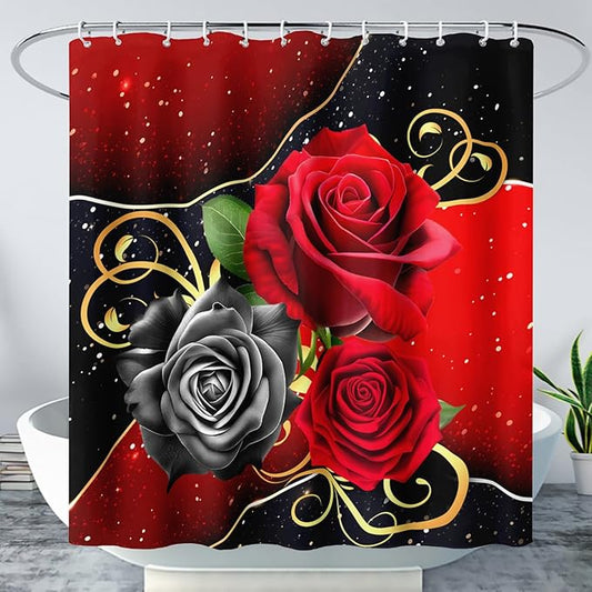AILONEN Romantic Red Rose Flower Shower Curtain,Red and Black Floral Bath Curtain,Modern Flower Waterproof Curtain for Bathroom Decor, 60" W x 72" H