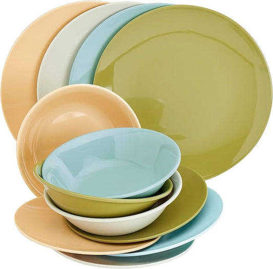 Tabletops Gallery 12 Piece Blue Green Coral Melamine Dinnerware Set Plates Bowls for Indoor Outdoor Use, Service for 4, Enchanted