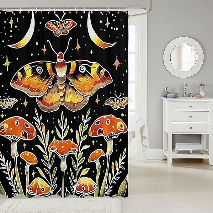 Feelyou Death Moth Shower Curtain Hippy Mushroom Fabric Shower Curtain for Kids Boys Girls Boho Moon Phase Bathroom Waterproof Accessories with 12 Hooks Bohemian Style Curtains,72x78 Inches