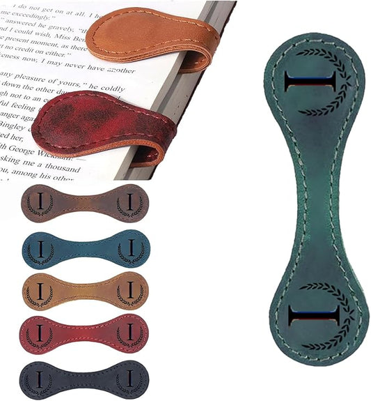 Personalized Magnetic Leather Bookmark, 26 Letters Custom Leather Bookmarks, Handmade, Leather Magnetic Bookmark for Book Lovers Readers Women Kid(Green，I）