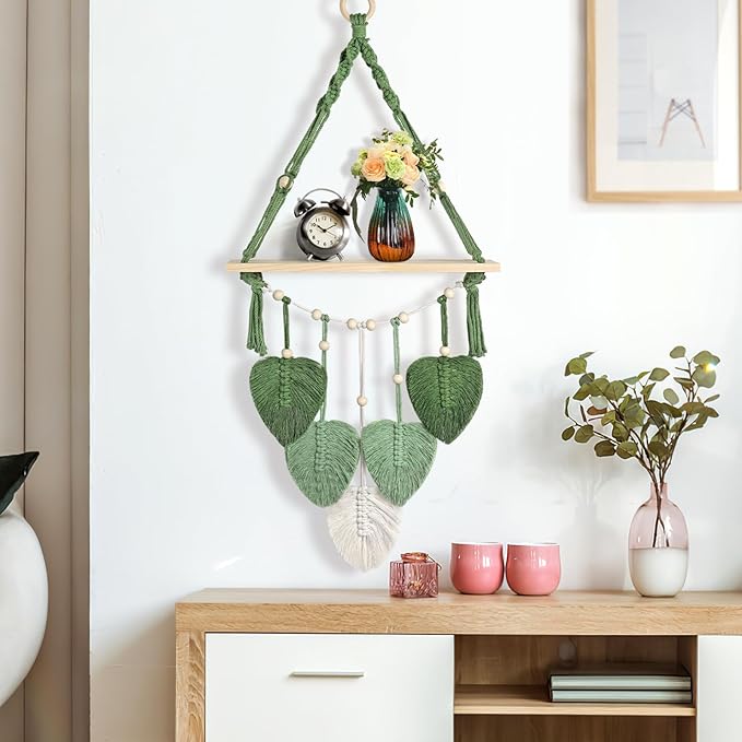 Macrame Wall Hanging Shelf Wood Floating Storage Shelf Boho Woven Leaf Wall Decor Plant Hanger for Photo Display Bedroom Living Room Nursery Decor
