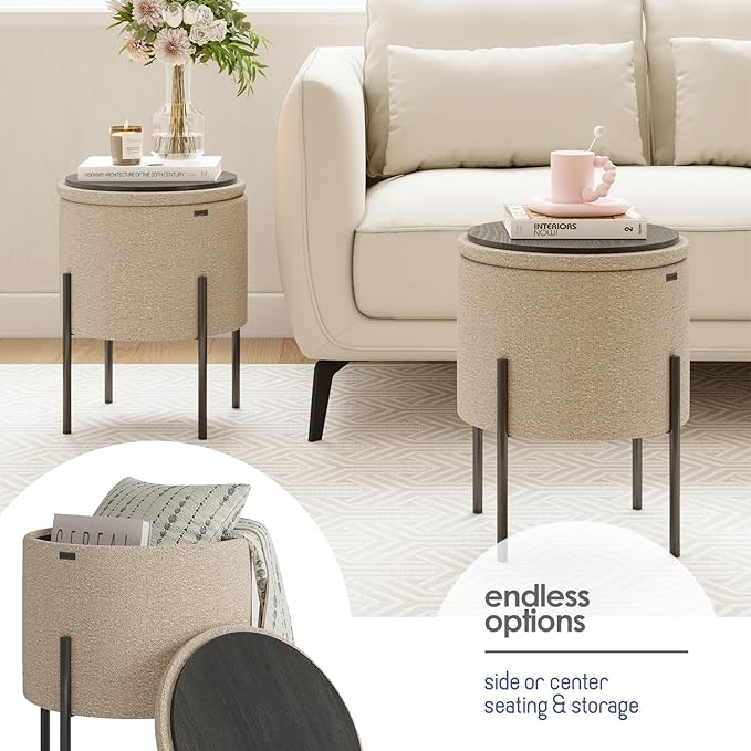 STORAGEBUD Round Ottoman with Storage, Boucle Storage Ottoman, Foot Stool Ottoman, Makeup Vanity Stool, Small Ottoman Foot Rest, Modern Ottomans for Living Room and Bedroom, Beige