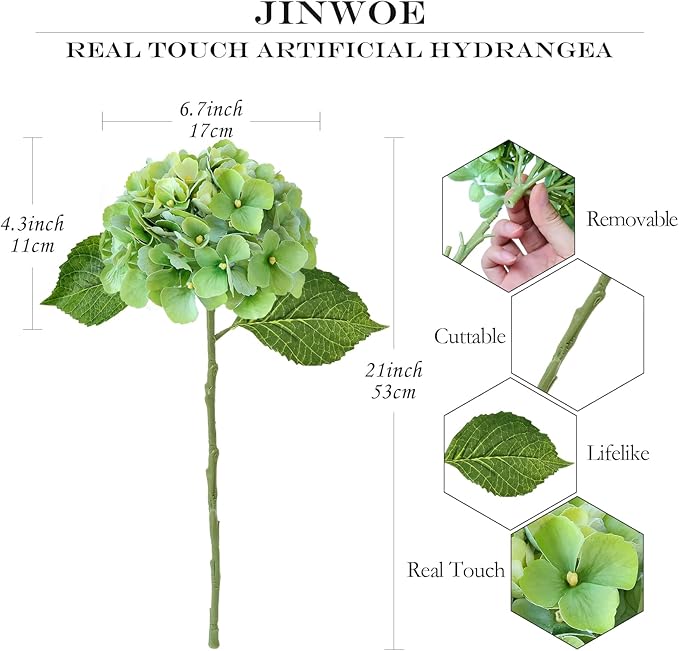 4PCS Real Touch Faux Hydrangea Flowers, 21" Green Latex Silk Flowers for Decoration,Vintage Fake Bouquet Flowers for Wedding Centerpieces Tables Party Outdoor Home Baby Showers