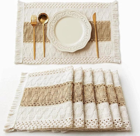 FEXIA Boho Placemats Set of 6, Macrame Table Decor Farmhouse Style Placemats in Natural Cotton Burlap, for Kitchen and Dining Table Centerpiece Home Decorations（Beige & Brown）
