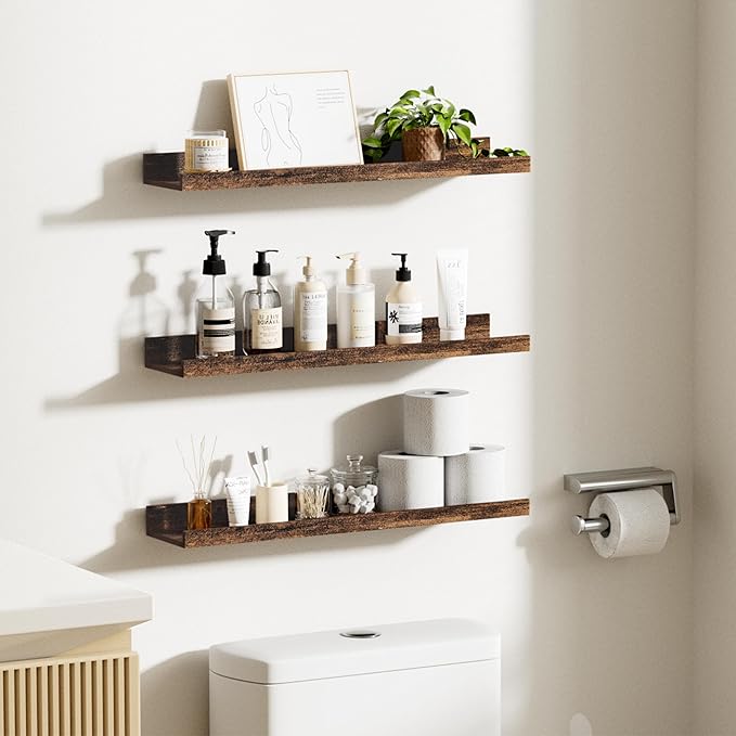 upsimples Floating Shelves for Wall, Wall Shelves for Decor Storage Set of 6, Wall Mounted Wood Shelves for Bedroom, Living Room, Bathroom, Kitchen, 23.6 inch Long Picture Ledge Shelves, Brown