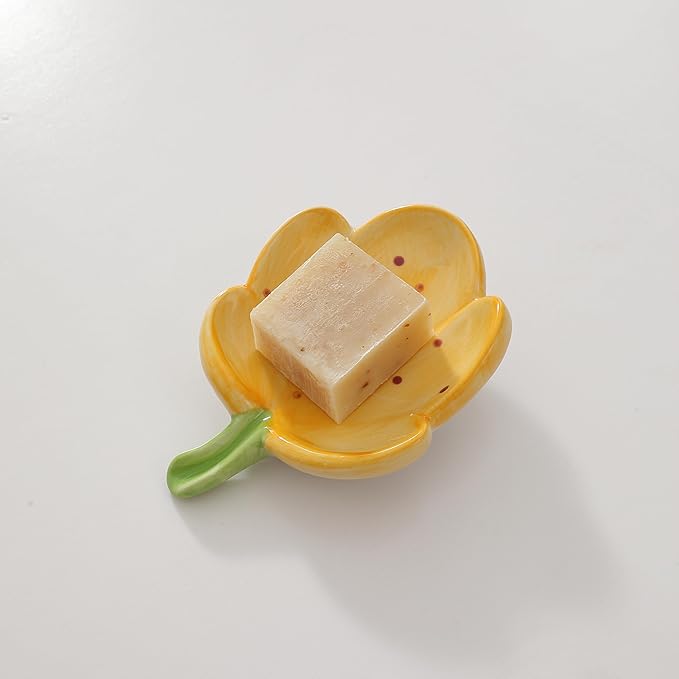 Ankah Decorative Ceramic Soap Box, Flower Shape Soap Dish, Self-Draining to Keep Dry Stop Mushy Soap Holder, Easy Cleaning, Best for Shower Bathroom and Kitchen (Tulip, Yellow)
