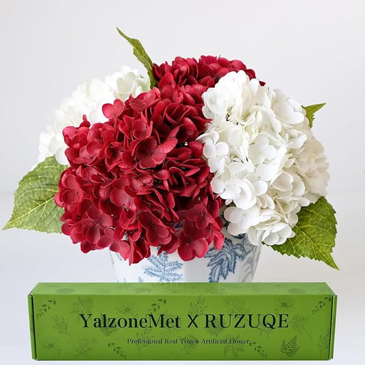 YalzoneMet 4 Pcs Hydrangea Artificial Flower Lifelike 21'' Long Stem Latex Real Touch Hydrangea for Xmas Home Party Kitchen Thanksgiving Table Centerpiec Christmas Wedding Decor 2 White + 2 Burgundy