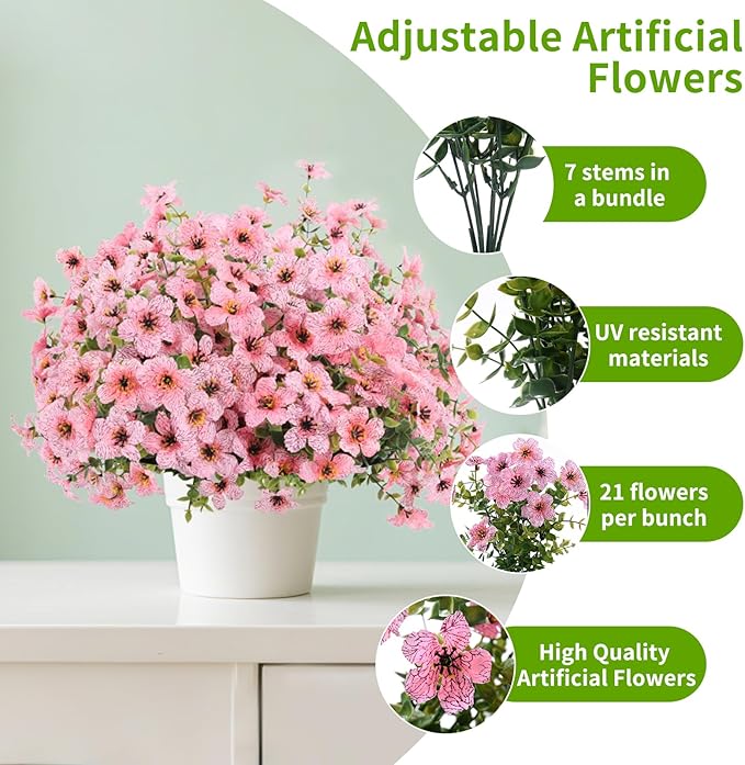 Artificial Flowers Outdoor, Faux Silk Flowers Plastic Plants for Outdoors Indoor Outside Front Porch Hanging Planter Window Box Garden Home Decoration, 14 Bundles(Pink)