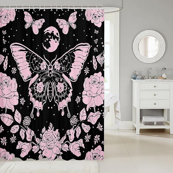 Feelyou Pink Butterfly Fabric Shower Curtain Cover Botanical Floral Shower Curtain for Kids Boys Girls Butterflies Bathroom Waterproof Accessories with 12 Hooks Flying Curtains,72x72 Inches
