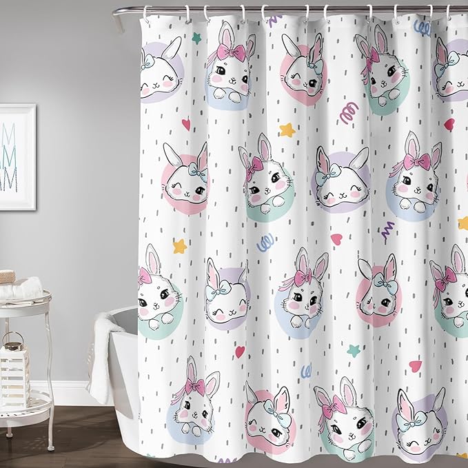 AILONEN Cute Rabbit Shower Curtain, Cartoon Kawaii Bunny Shower Curtain for Bathroom,Modern Minimalist White Waterproof Fabric Shower Curtain Set with Hooks 72" W*72" H