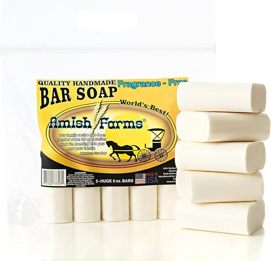 Amish Farms Fragrance-Free & Dye-Free Natural Bar Soap for Sensitive Skin (Huge 5 Bars) - Made in USA, Moisturizing Native Unscented Bar Soap (5-Pack)