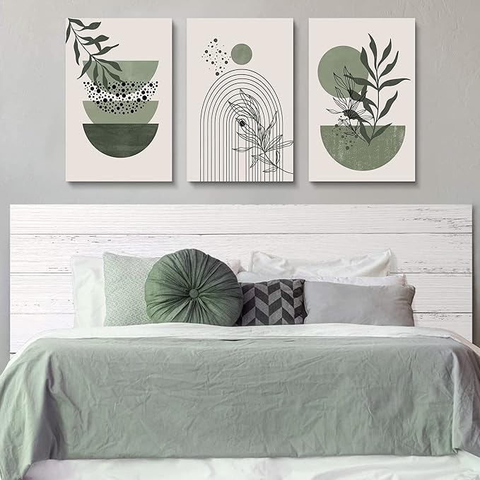 Sage Green Wall Posters & Prints, Green Boho Wall Art Set of 3, Minimalist Framed Wall Art Geometric Line Leaf Sun Moon Beige Green Canvas Artwork Paintings