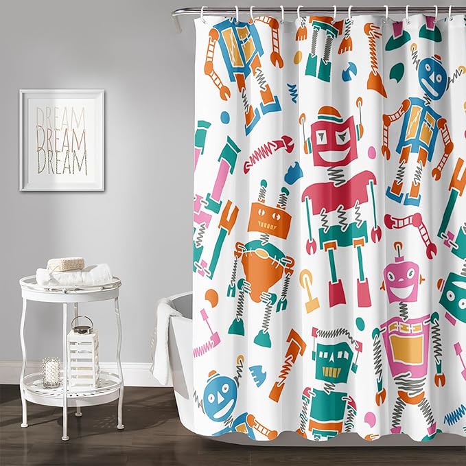 AILONEN Robots Shower Curtain,Modern Cartoon Super Robot Pattern Bathroom Decor for Boys Girls Teens Kids, 72" W*72" H Watercolor Robot Shower Curtain Set