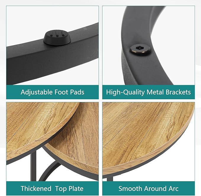 Smuxee Nesting Coffee Table Set of 2, 27.6" Round Coffee Table Wood Grain Top with Adjustable Non-Slip Feet, Industrial End Table Side Tables for Living Room Bedroom Balcony Yard