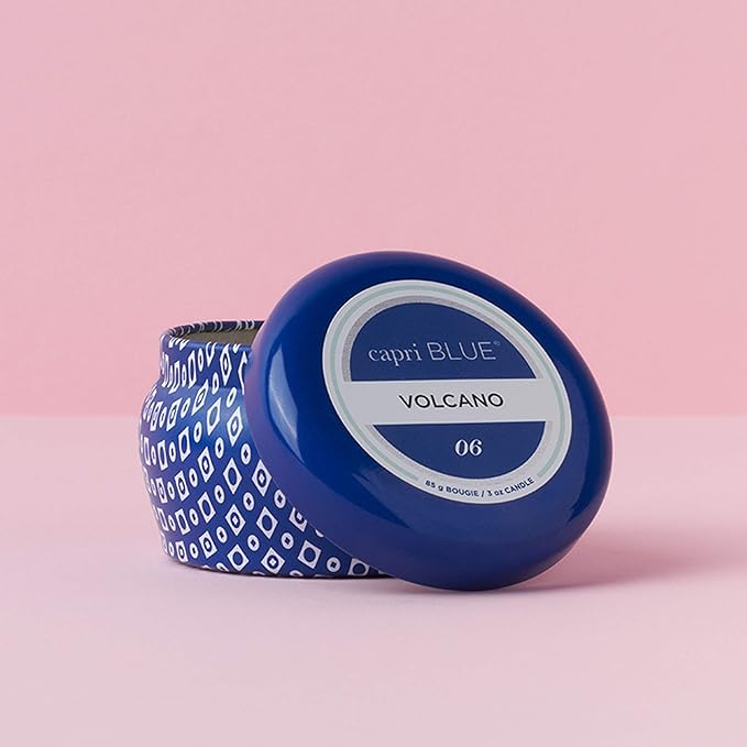 Capri Blue Volcano Scented Mini Tin Candle - Printed Mini Tin Jar Candle - Luxury Candles for Home Scented with Tropical Fruit & Sugared Citrus - Soy Candle Wax Blend - Blue Candle (3 oz)