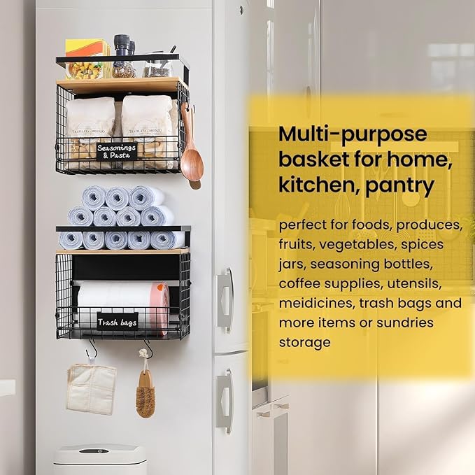 1 SET Strong Magnetic Shelf for Fridge with Tag & Bamboo Top, XXL Large Capacity Magnetic Spice Rack Shelves for Side of Refrigerator, Kitchen Pantry Storage Organizer, Multiuse Food Fruit Veg Baskets