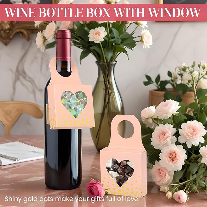 Megitzuu 50 Pieces Wine Bottle Box with Window, Pink Wine Boxes for Gifts Hanging Foldable Wine Gift Boxes Kraft Paper Wine Bottle Hanger Favor Box for Holding Candy Truffles Chocolate Cookies