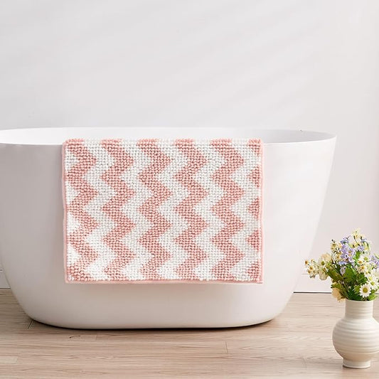 CozeCube Chenille Bathroom Rugs 59" x 24", Soft Microfiber Chevron Bath Mats for Bathroom, Non Slip Shaggy Bath Rugs Machine-Washable, Plush Absorbent Shower Mat, Blossom Pink