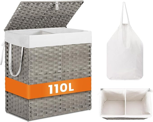 Sweetcrispy Foldable Laundry Hamper–Large Capacity Clothes Basket with Lid, 29.1 Gallon (110L) Bin for Bedroom, Bathroom, and Wash Room–Double Insert Storage Organizer, Dove Gray
