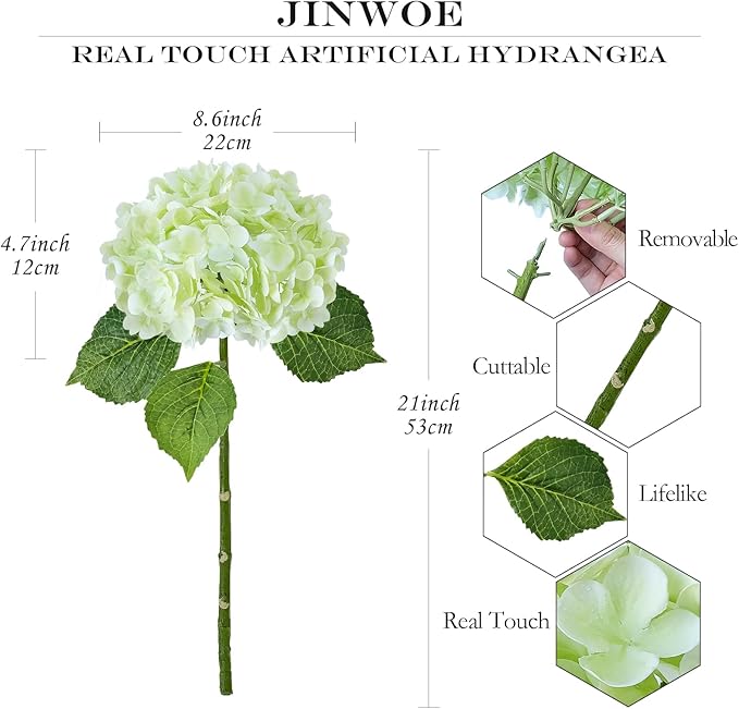 3Pcs Light Green Faux Hydrangea Flowers,21” Latex Real Touch Large Silk Royal Hydrangea Artificial Flowers,Spring Fake Flowers Bouquet for Centerpieces Table Wedding Kitchen Home