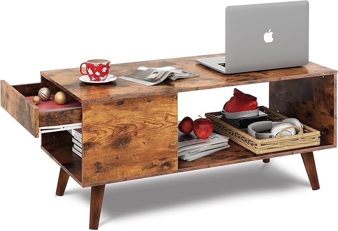 WLIVE Coffee Table, 39.4" Wood Coffee Table with Sliding Top up to 50" TV, Modern Center Table with Open Storage Shelf for Living Room, Bedroom, Rustic Brown
