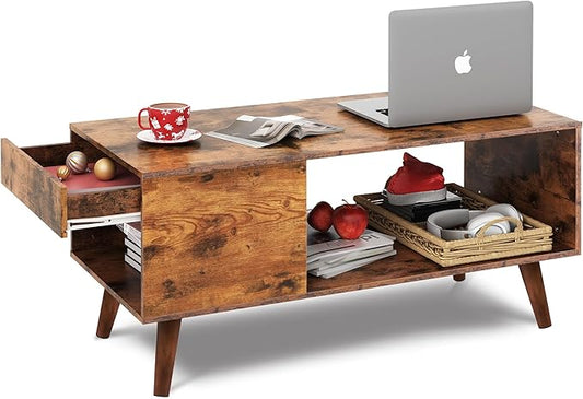 WLIVE Coffee Table, 39.4" Wood Coffee Table with Sliding Top up to 50" TV, Modern Center Table with Open Storage Shelf for Living Room, Bedroom, Rustic Brown