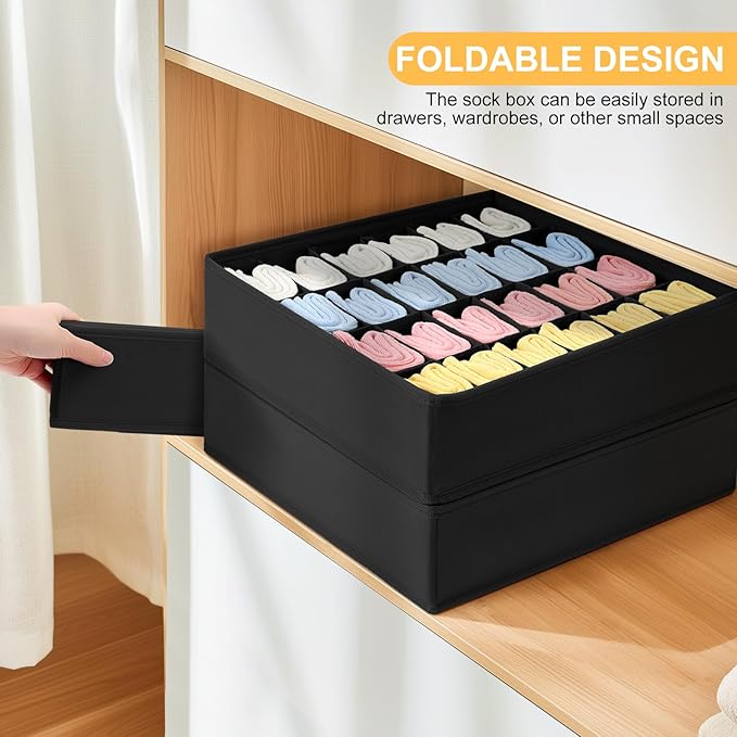 Joyoldelf Sock Drawer Organizer 3 Pack Sock Underwear Organizer Dividers 72 Cells Fabric Foldable Cabinet Closet Organizers and Storage (Black)
