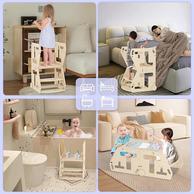 Toddler Step Stool, Potty Training Seat, 2 in-1 Toddler Learning Tower, Folding Adjustable Height Platform Toddler Step Stool with Handles and Wheels, Wooden Convertible Kids Table and Stool Set